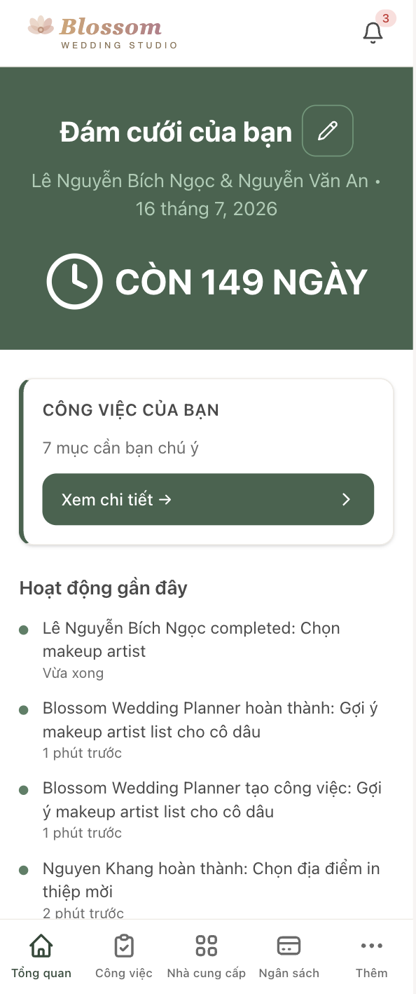 Screenshot of client portal on mobile — wedding overview, tasks, vendor selections