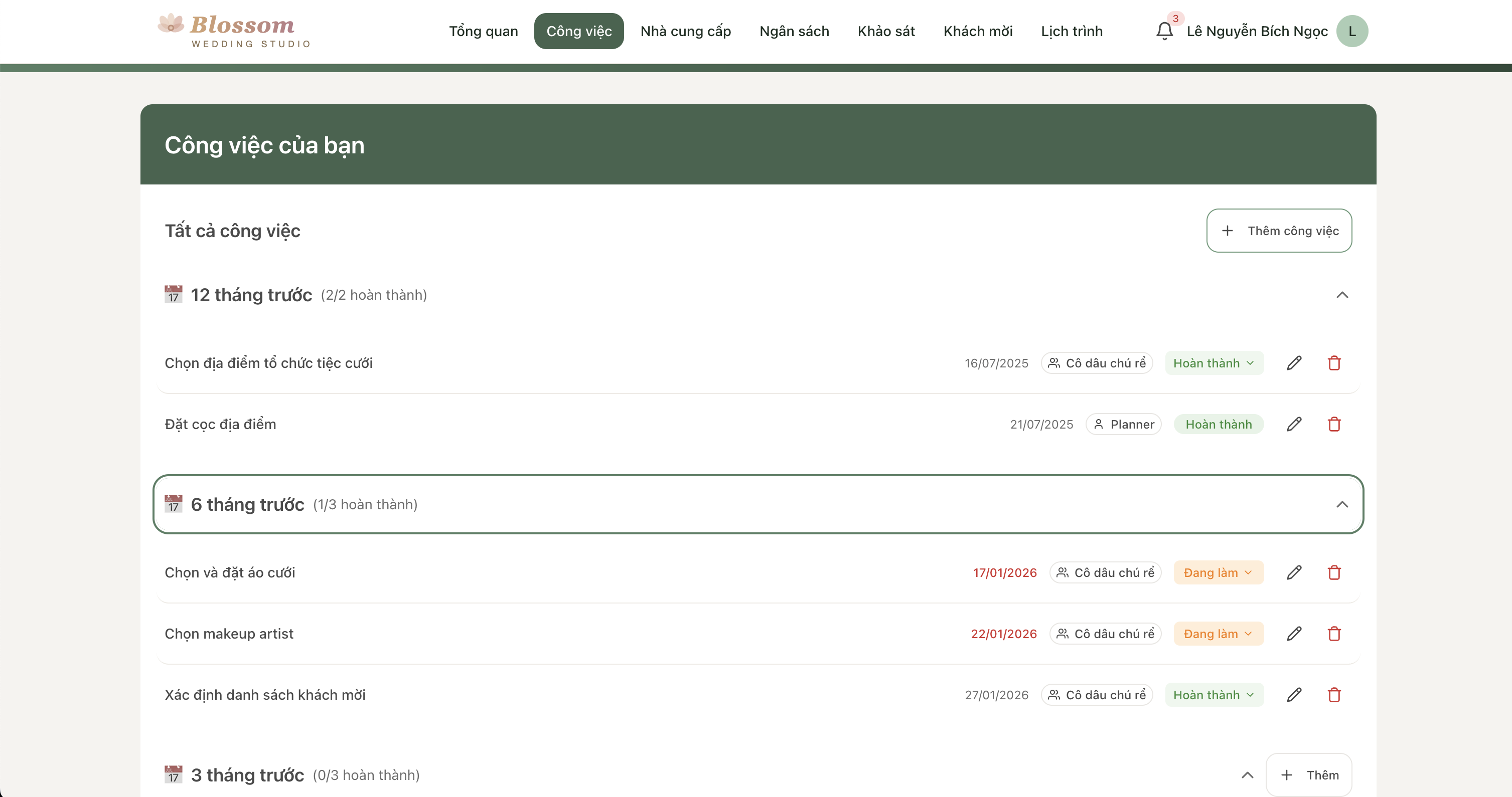 Screenshot of task management — phases (12 tháng, 6 tháng...) with assigned task cards